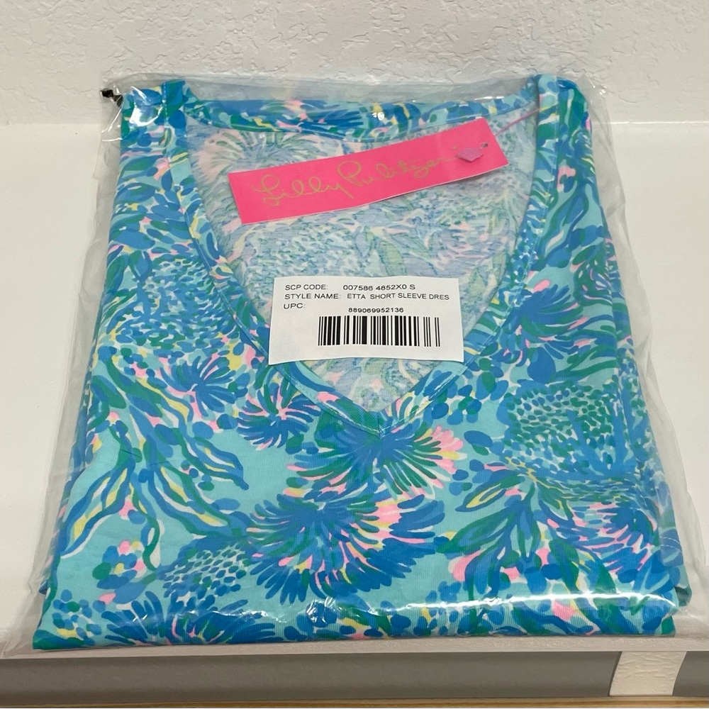 NWT Lilly Pulitzer Etta V-Neck Dress Surf Blue Coral Of The Story Size Small - Picture 6 of 8